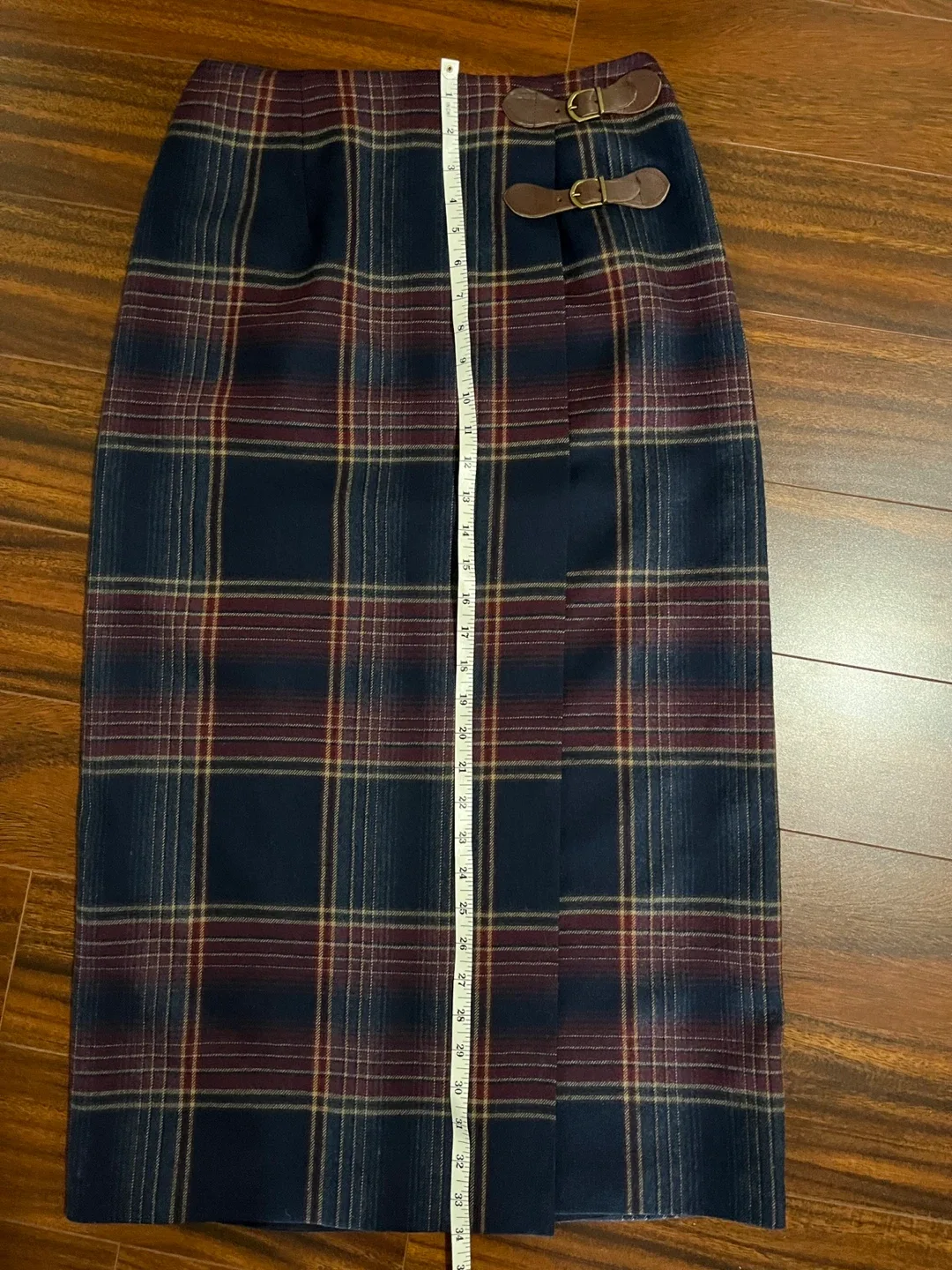 Talbots women’s 10 plaid wool lined midi skirt, navy burgundy image indicator(7)