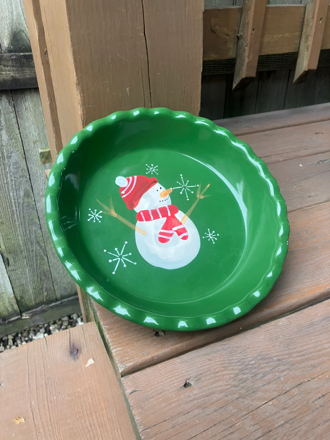 Hand Painted Snowman 9” Stoneware Deep Dish Pie Plate