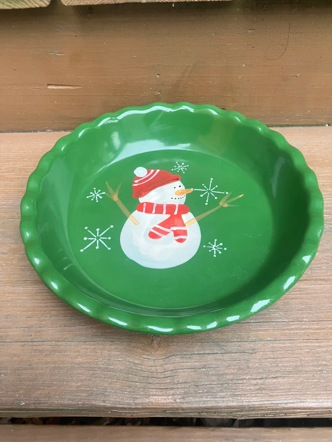 Hand Painted Snowman 9” Stoneware Deep Dish Pie Plate image indicator(4)