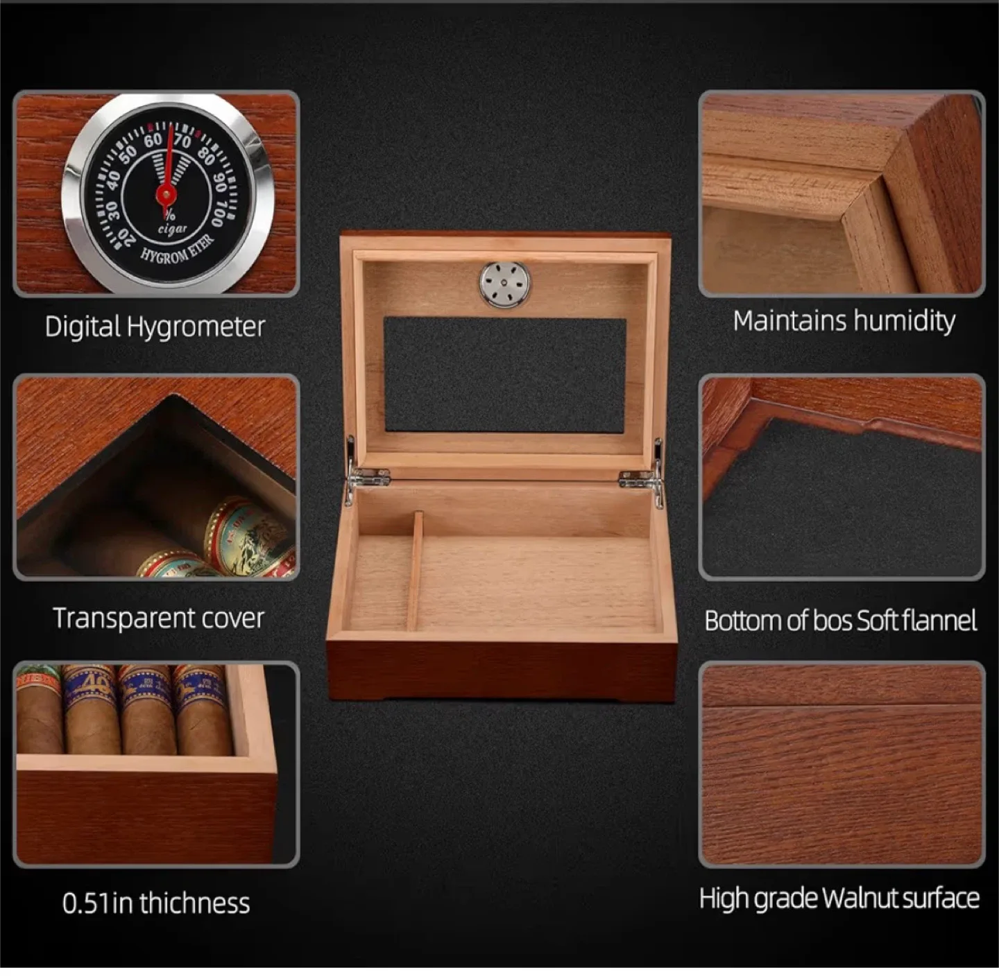 TISFA Cigar Humidor, Glass Top Cigar Box - Cedar Wood image indicator(5)