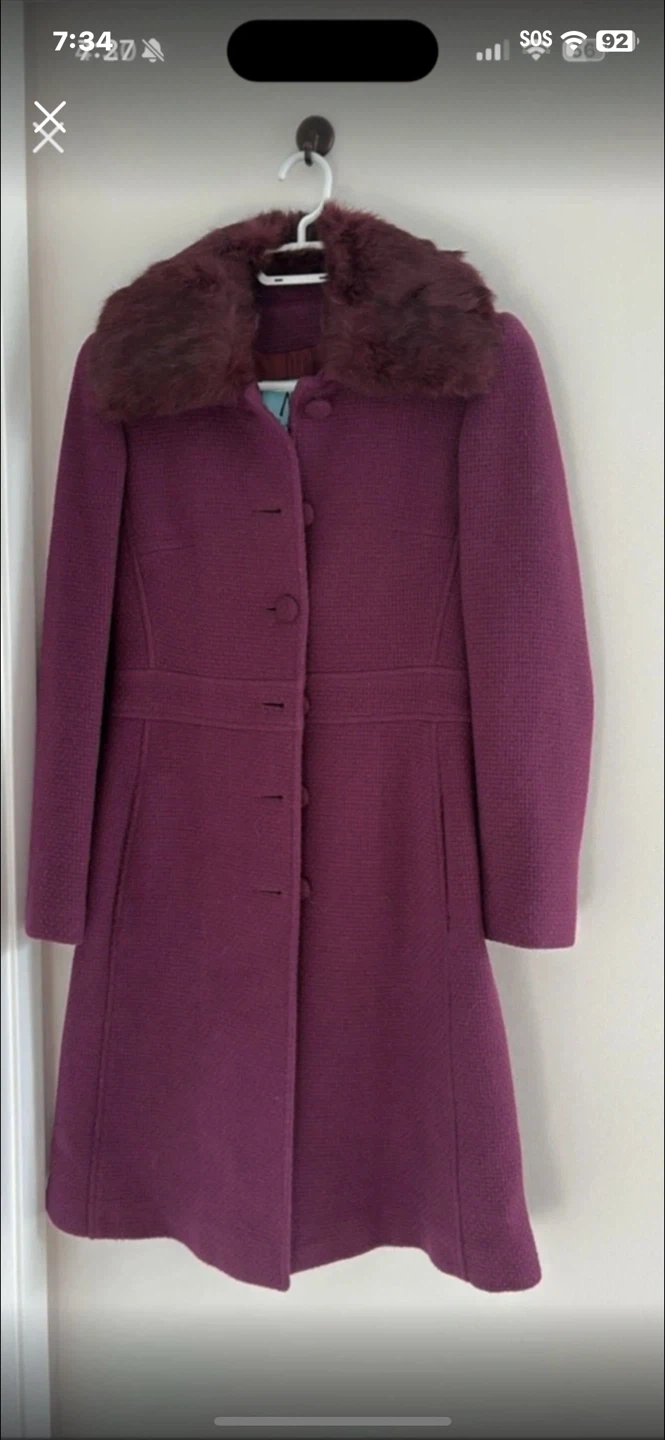 Purple Wool Coat with Fur Collar