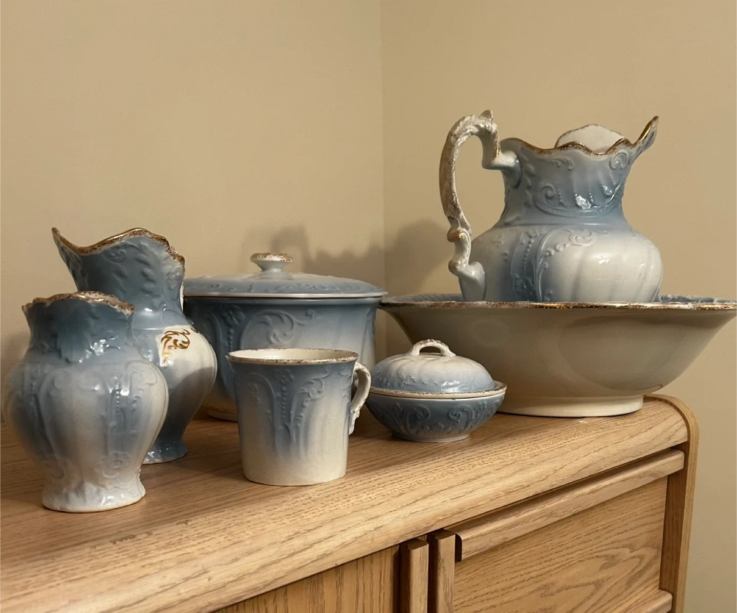 Vintage Blue & White Ceramic Wash Basin Set