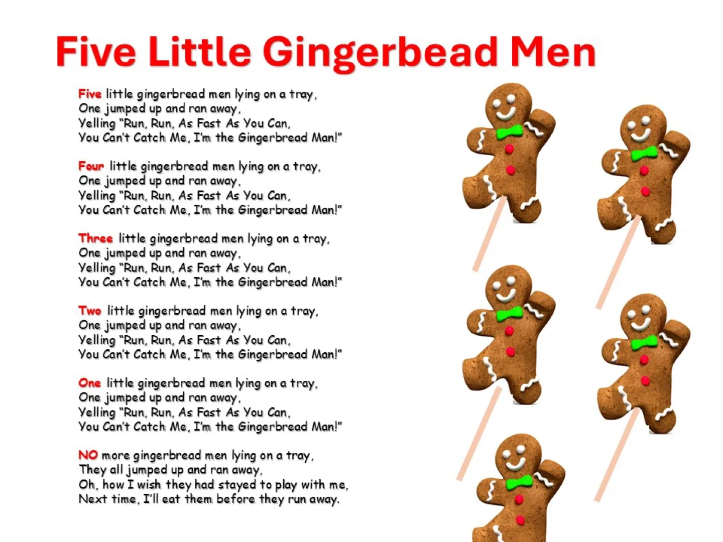 Five Little Gingerbread Men Song Sheet and Props