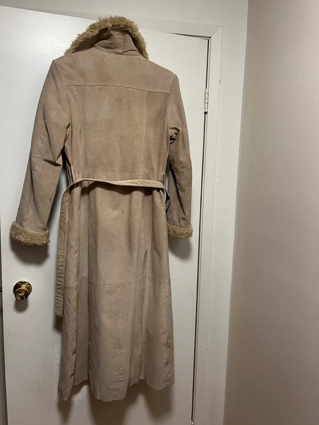 Nude suede fur lined floor length winter coat image indicator(3)