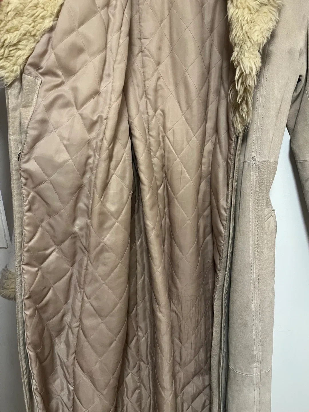 Nude suede fur lined floor length winter coat image indicator(5)