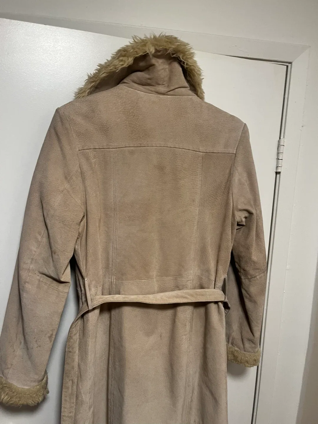 Nude suede fur lined floor length winter coat image indicator(2)