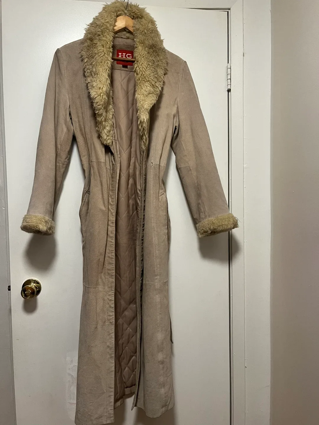 Nude suede fur lined floor length winter coat image indicator(4)