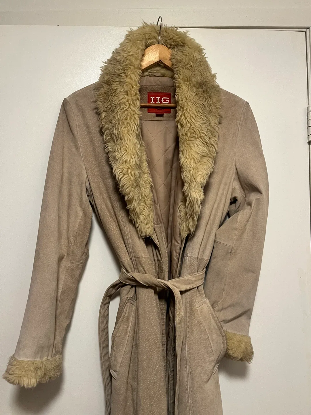 Nude suede fur lined floor length winter coat