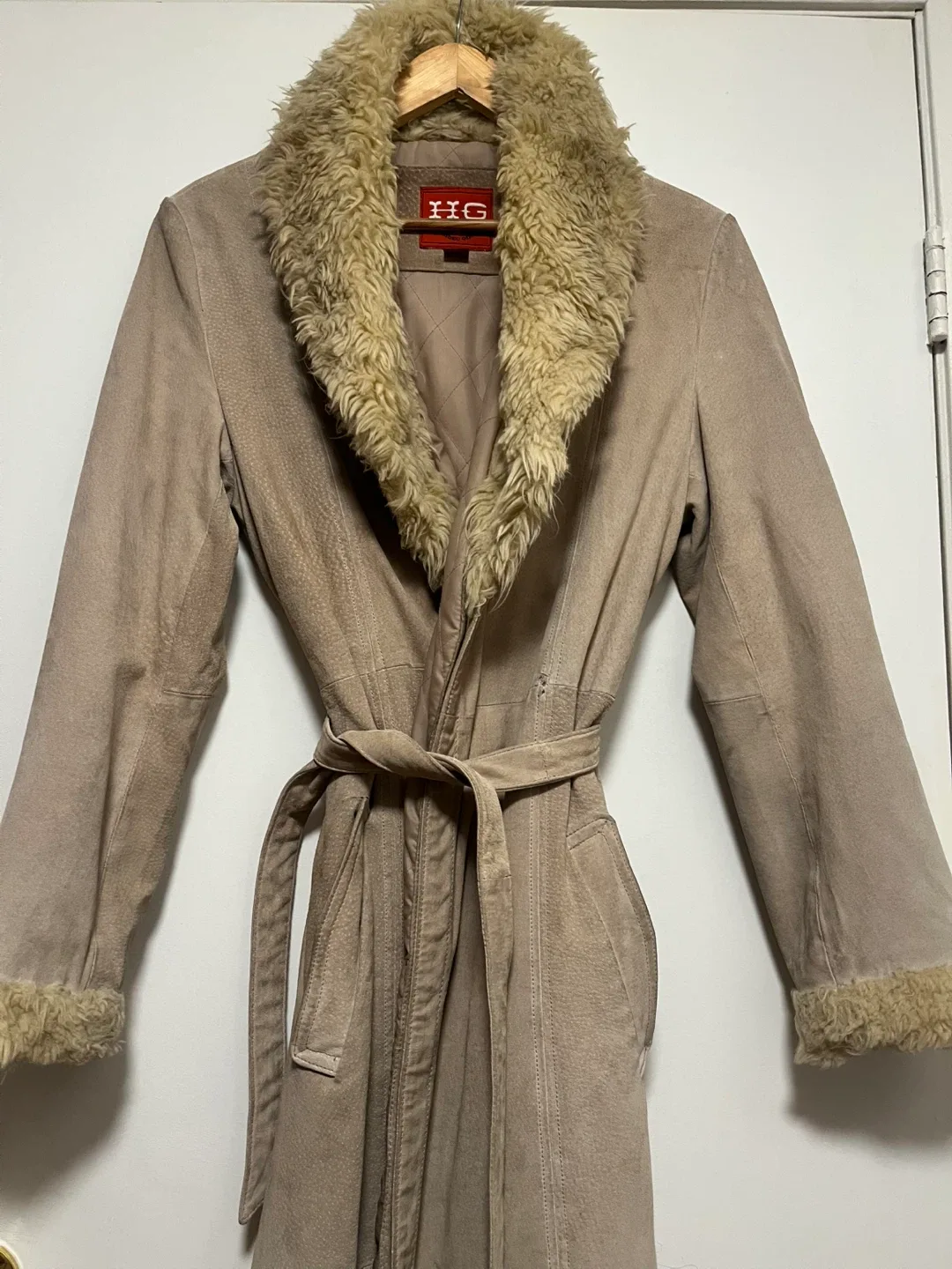 Nude suede fur lined floor length winter coat image indicator(7)