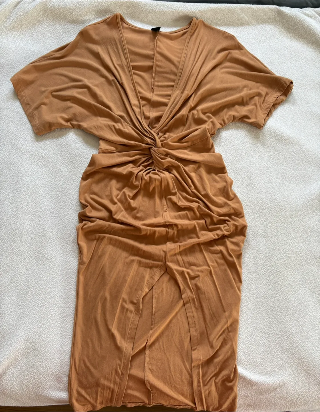 Tan Twist Front Midi Dress