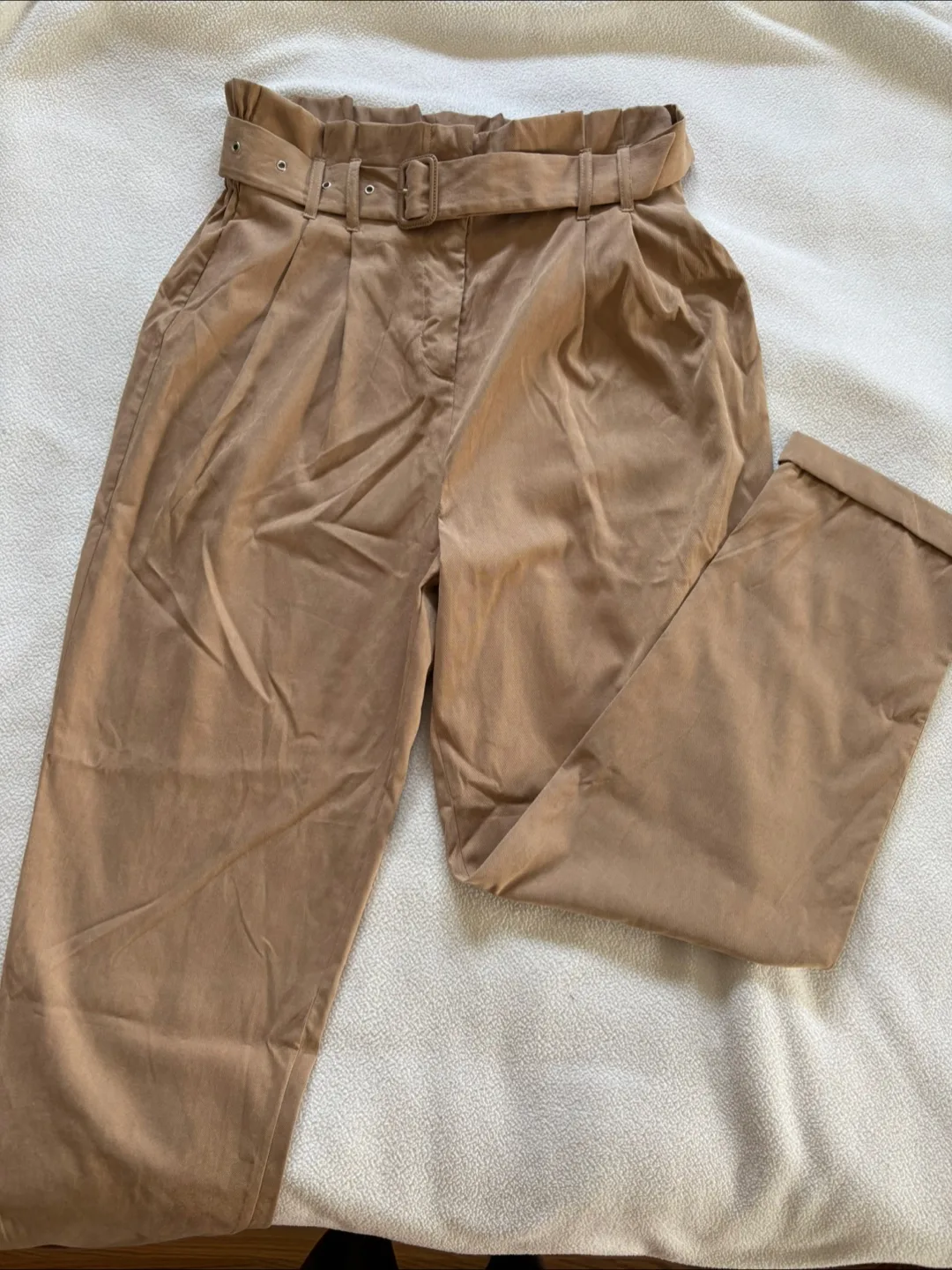 Beige Belted High-Waisted Pants