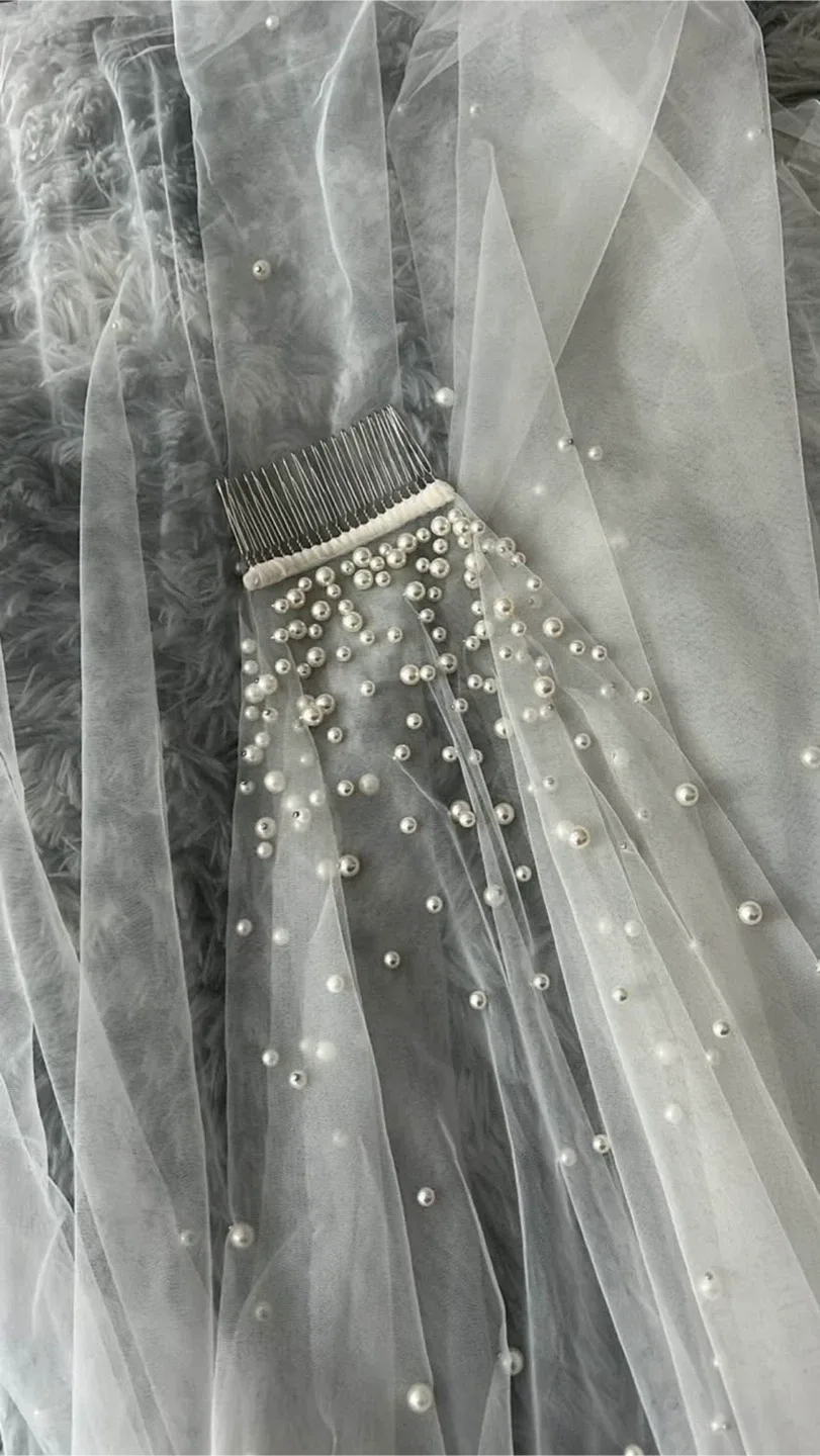 Fingertip Wedding Veil with Pearls soft white image indicator(3)
