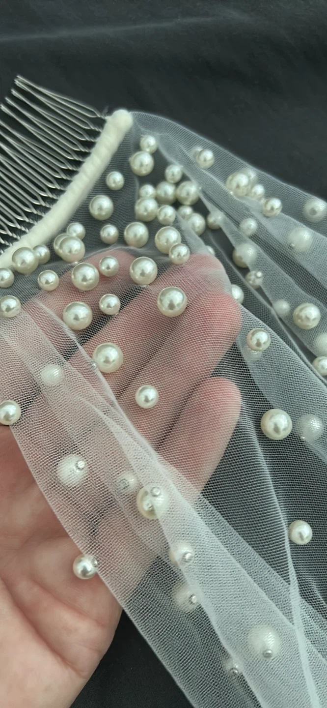 Fingertip Wedding Veil with Pearls soft white - photo 5