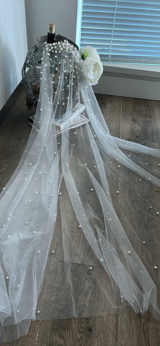 Fingertip Wedding Veil with Pearls soft white image indicator(8)