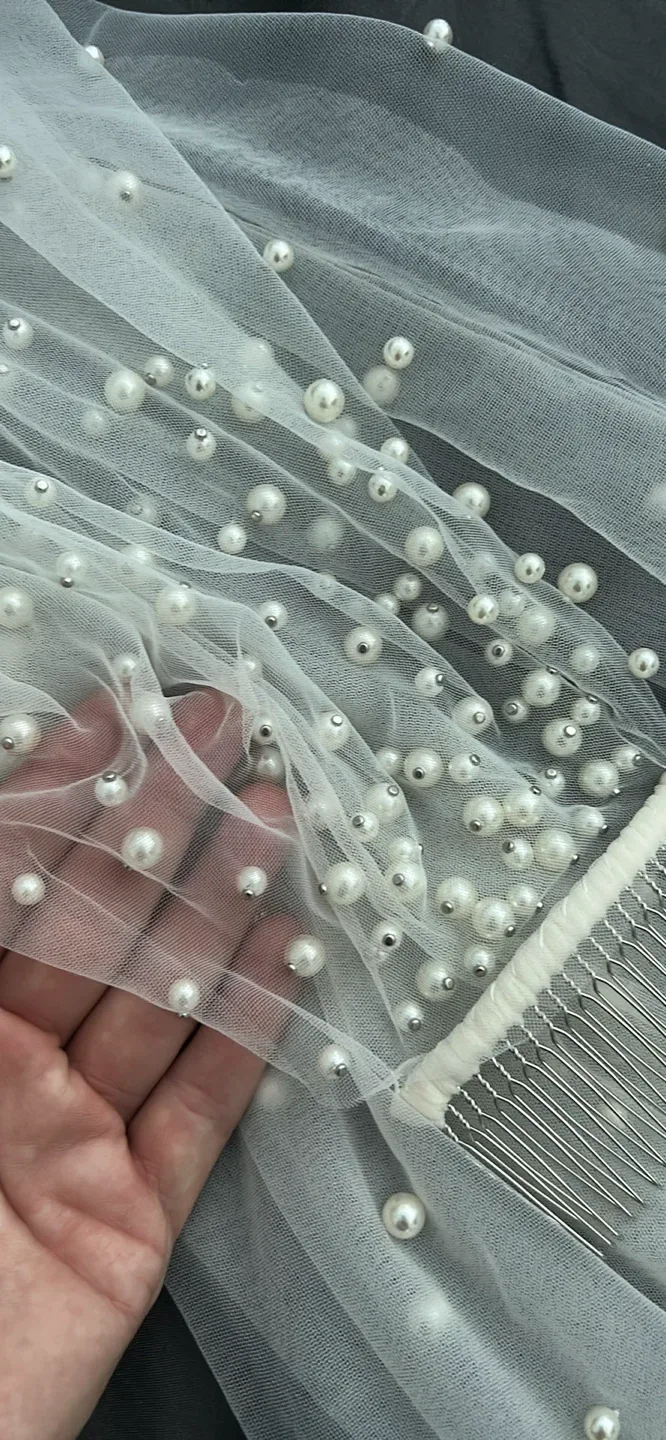 Fingertip Wedding Veil with Pearls soft white image indicator(6)