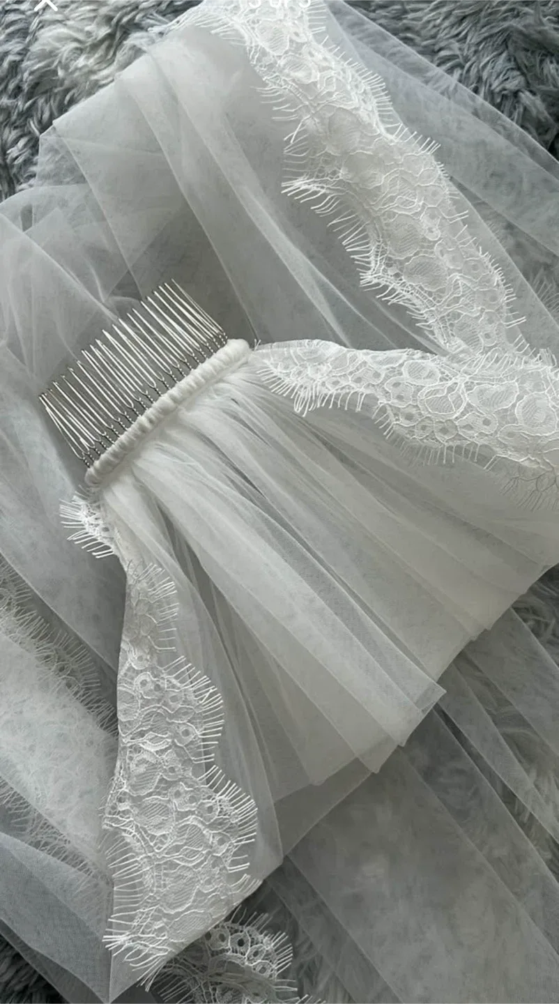 Wedding Veil with Lace Trim - soft white & ivory image indicator(4)