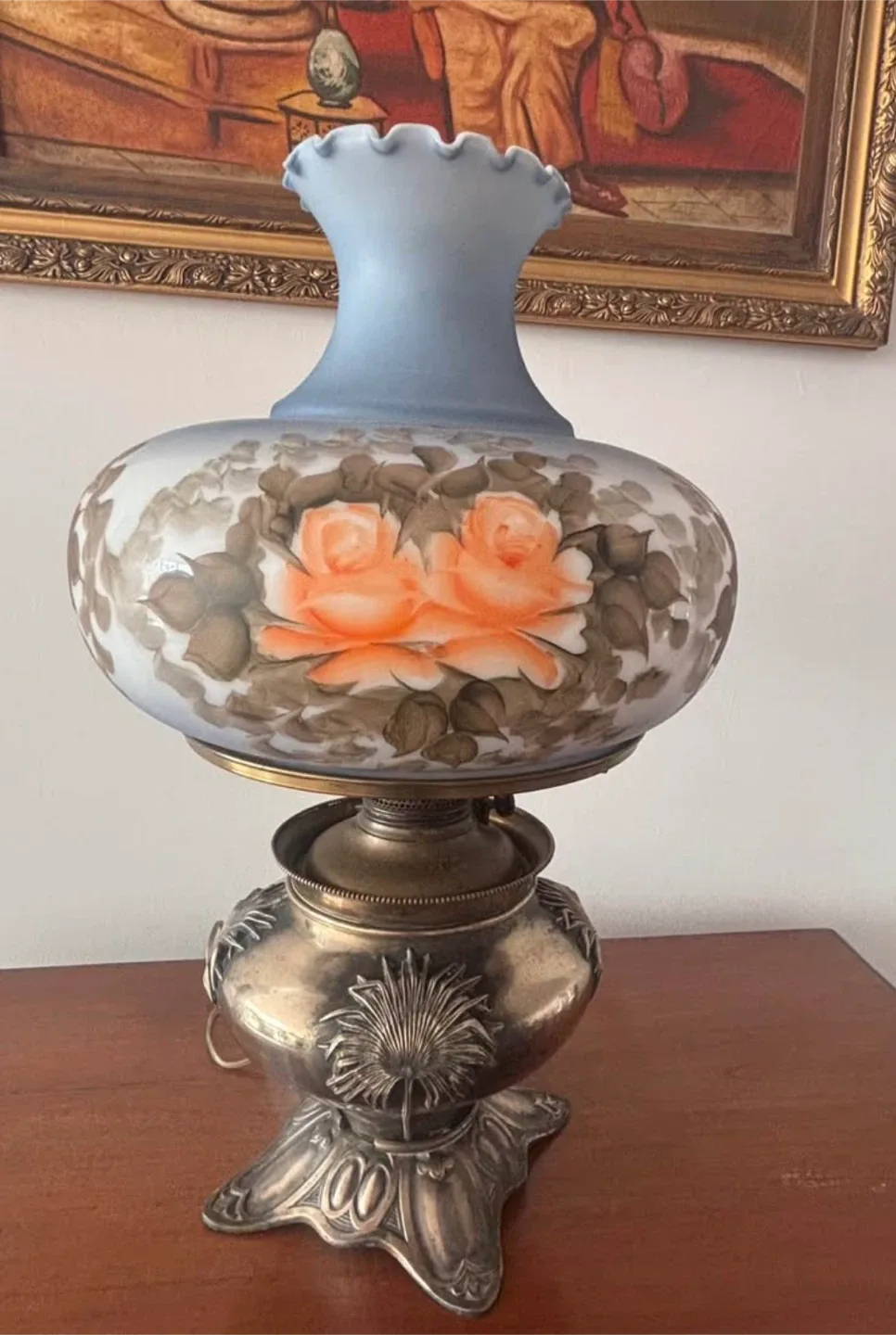 Vintage Brass Hurricane Lamp with Hand Painted Glass Shade image indicator(2)