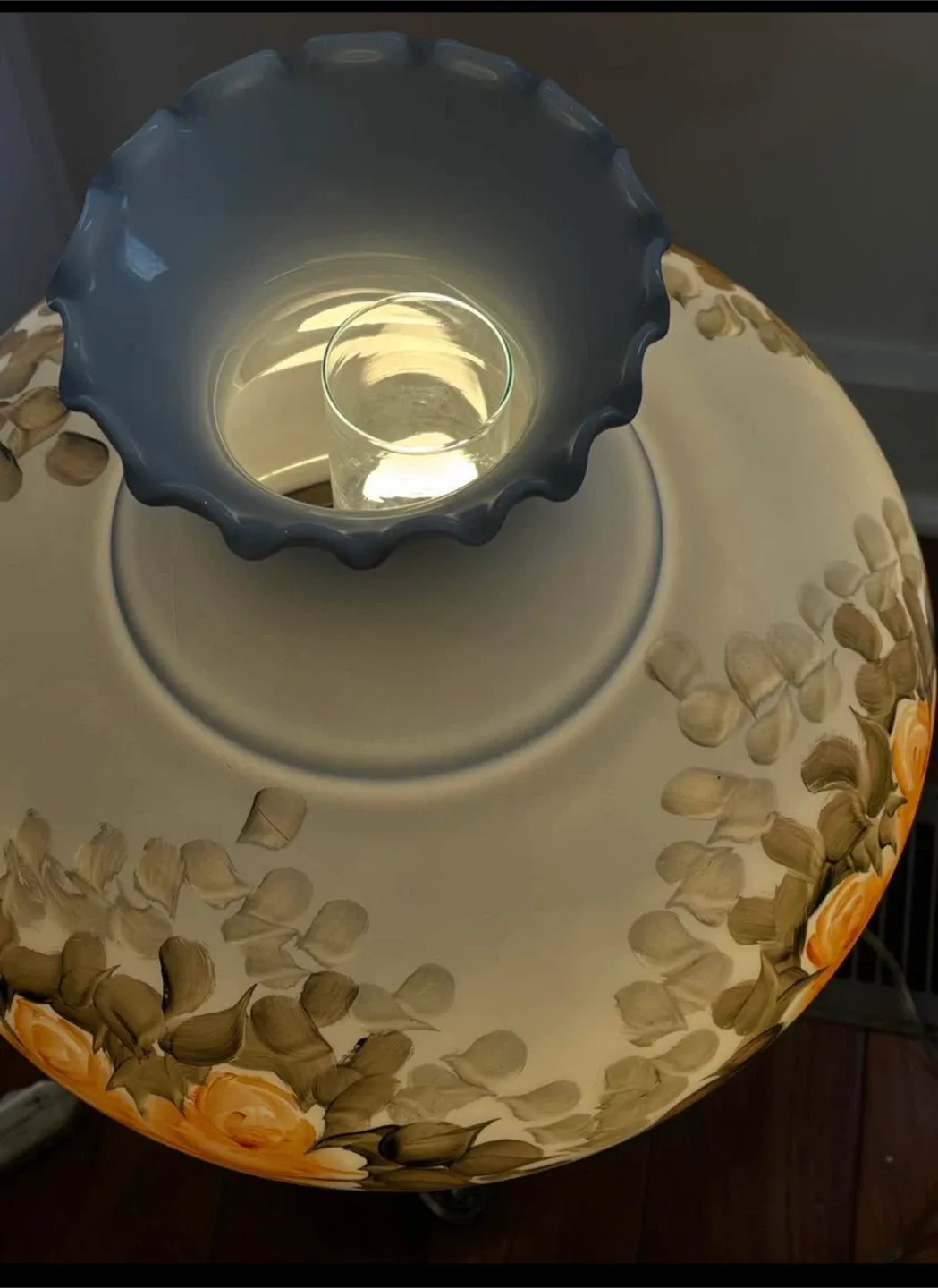 Vintage Brass Hurricane Lamp with Hand Painted Glass Shade image indicator(9)