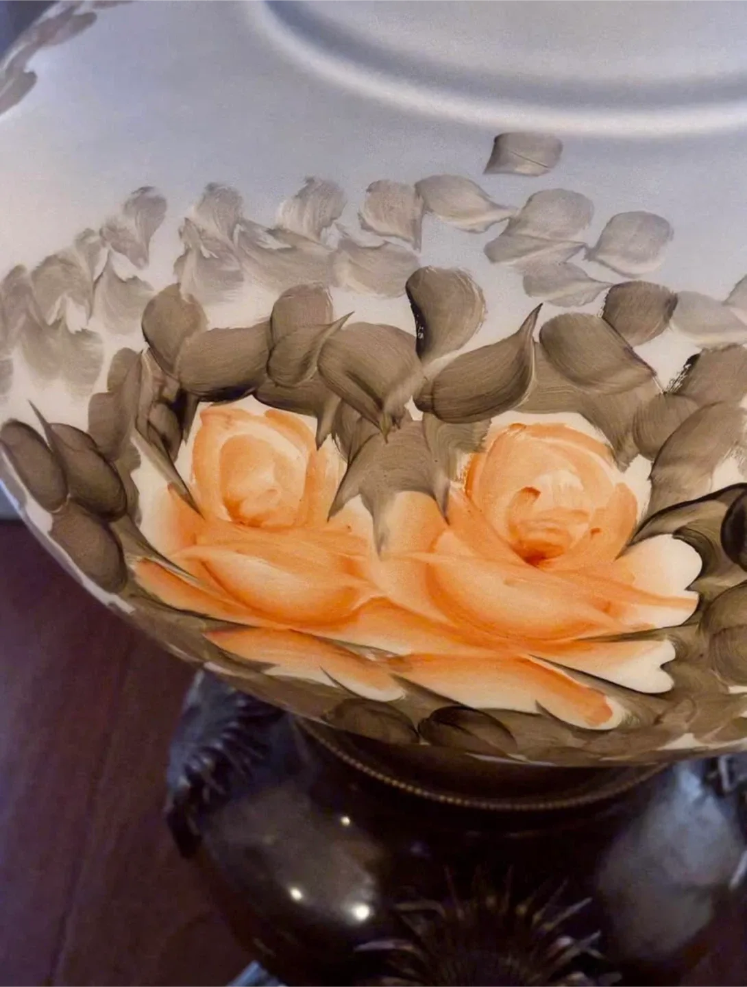 Vintage Brass Hurricane Lamp with Hand Painted Glass Shade image indicator(8)