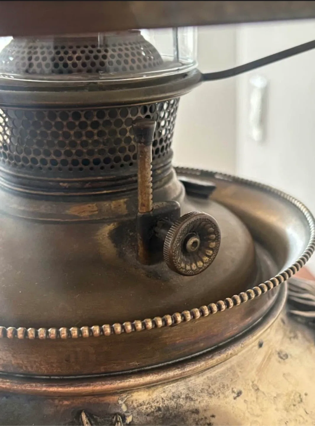 Vintage Brass Hurricane Lamp with Hand Painted Glass Shade image indicator(10)