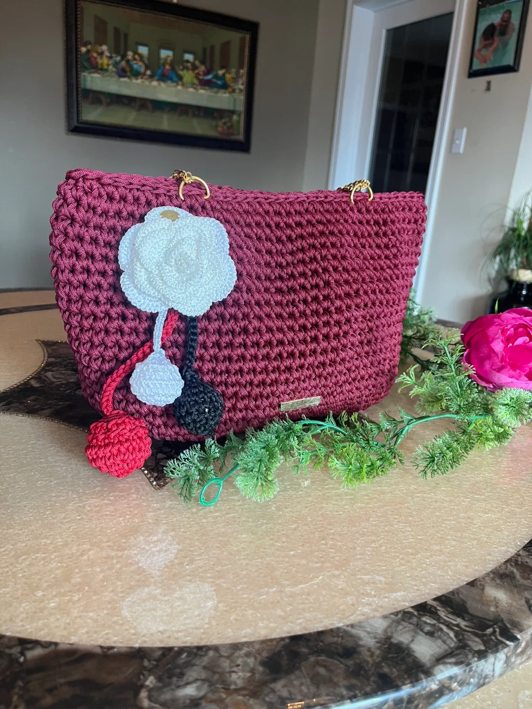 Handmade Crochet Burgundy Tote Bag image indicator(3)