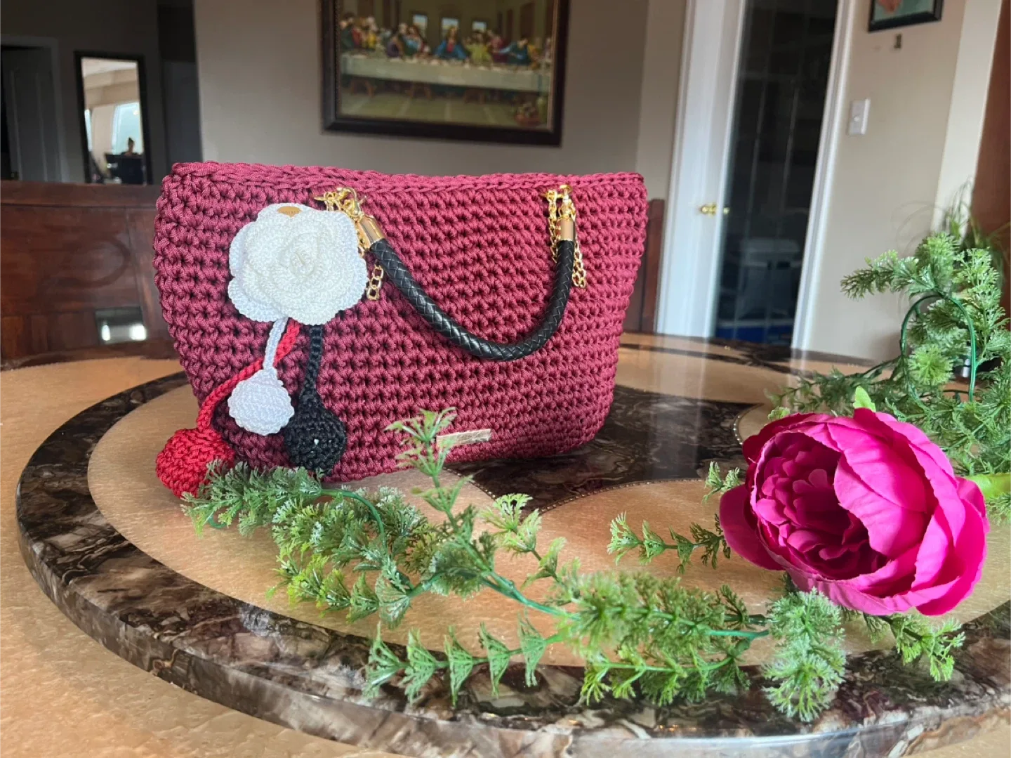 Handmade Crochet Burgundy Tote Bag image indicator(2)