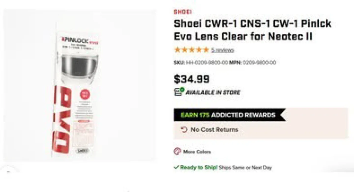 Shoei CWR-1 CNS-1 Pinlock Evo Lens Clear for Neotec II