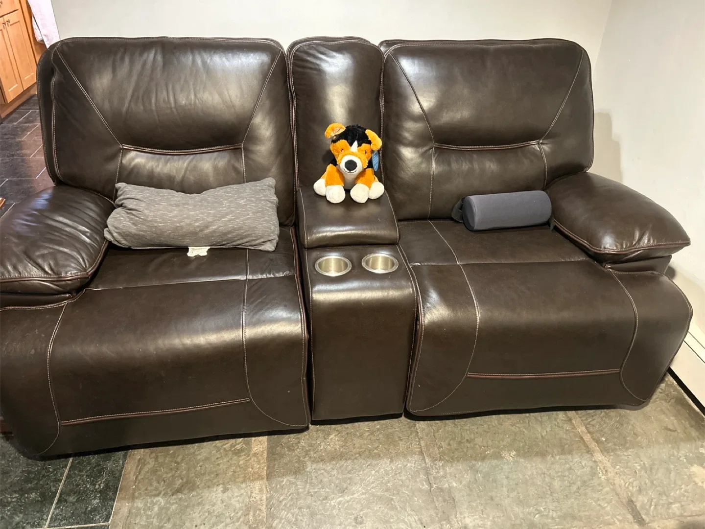 Brown Leather Reclining Loveseat with Console