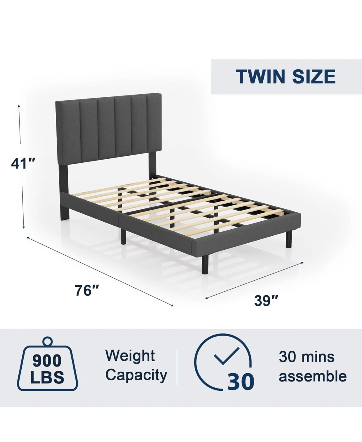 FREE MATTRESS WITH Twin size Bed Frame with Headboard - Grey - photo 2