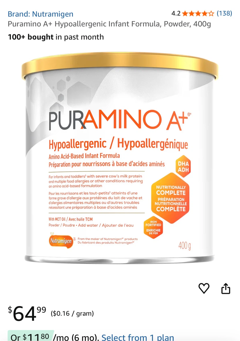 Puramino A+ Hypoallergenic Infant Formula, 400g
