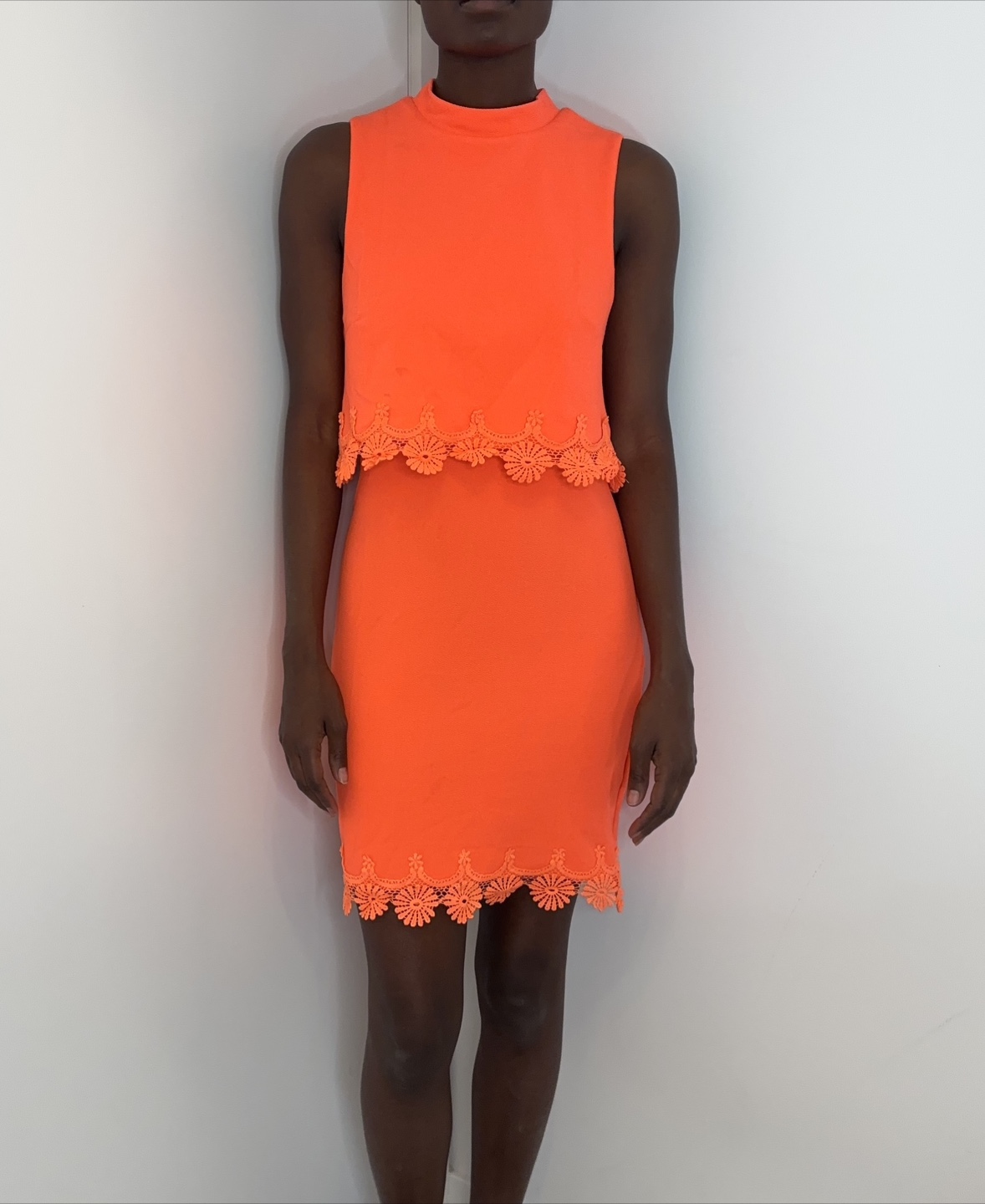 NEW LOOK US 6 Neon Orange Crochet Lace Layered Mini Dress