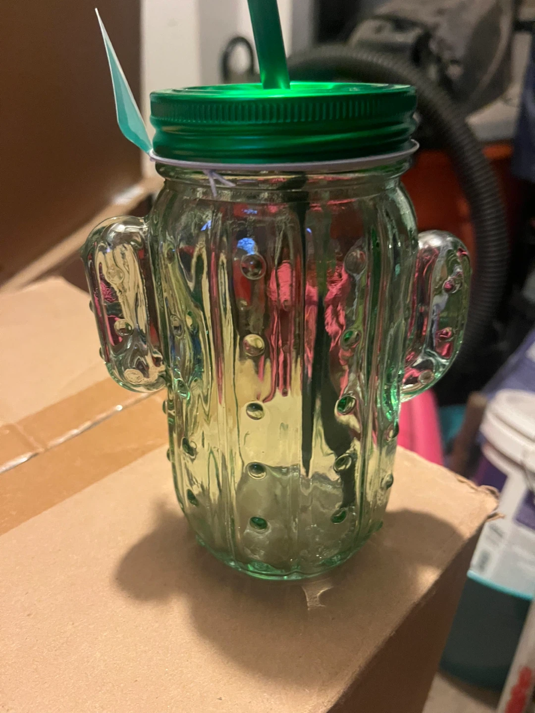 Cactus Mason Jar with Straw - Green
