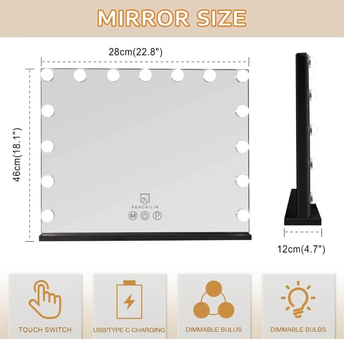 FENCHILIN Lighted Vanity Mirror - 22.8" x 18.1" image indicator(2)