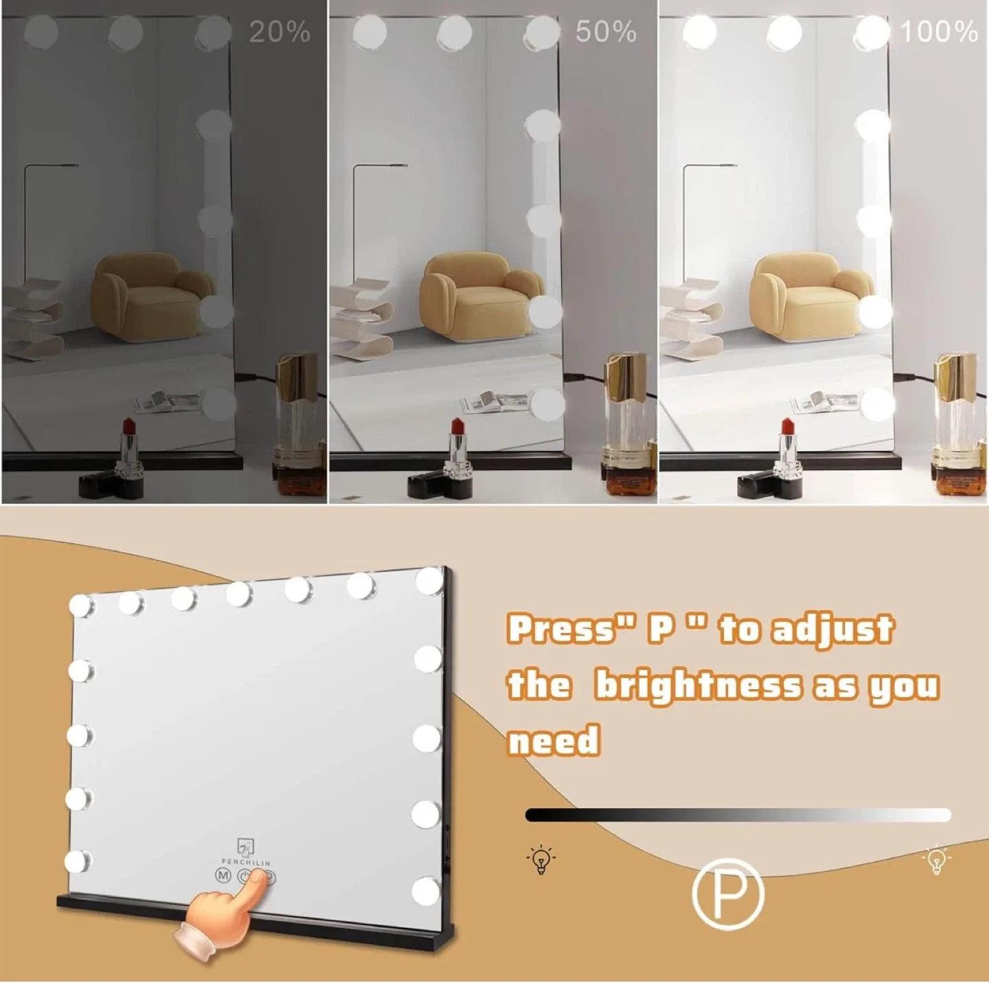 FENCHILIN Lighted Vanity Mirror - 22.8" x 18.1" image indicator(5)