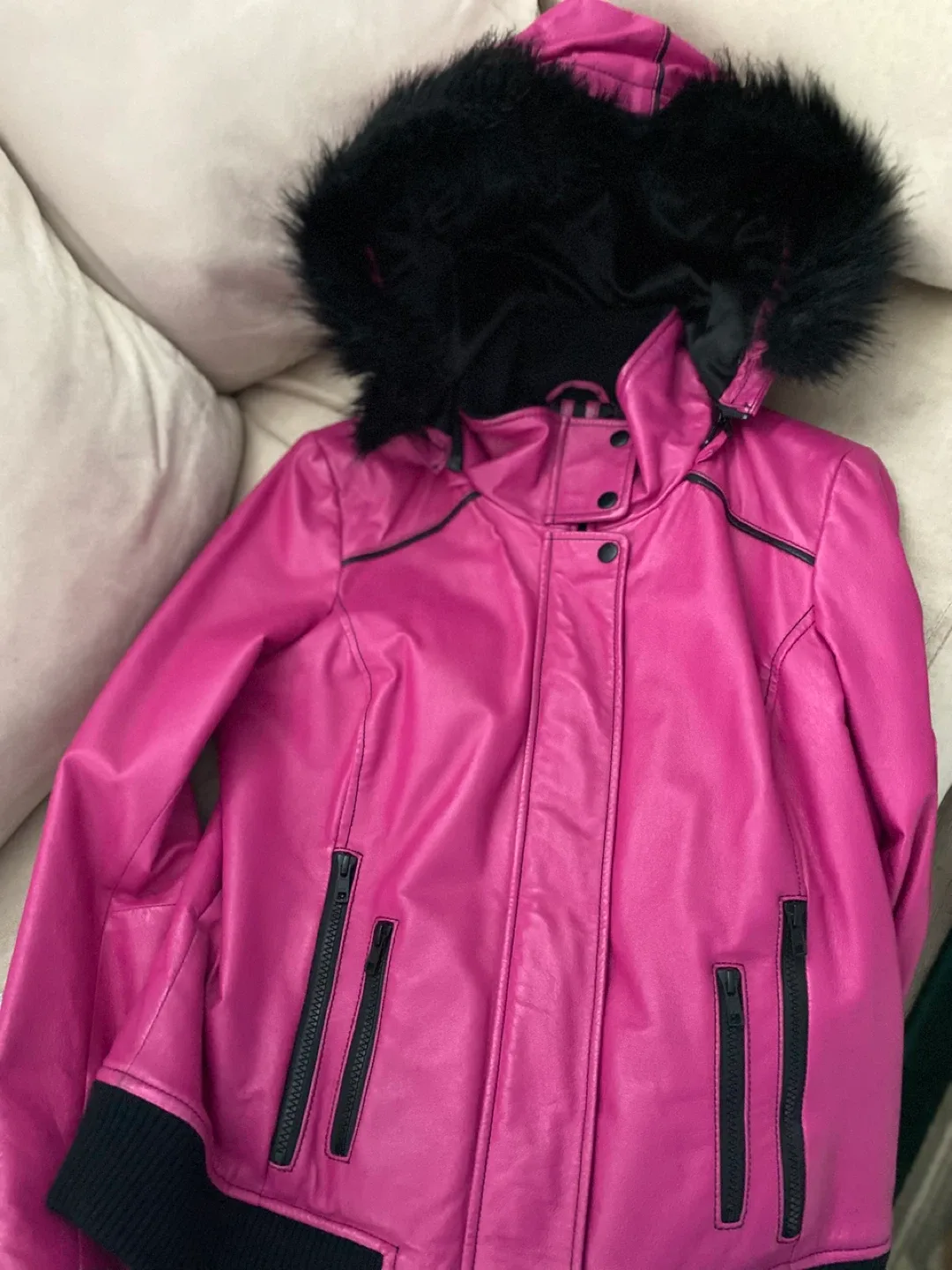 Danier Leather Jacket with Fur Hood - Pink