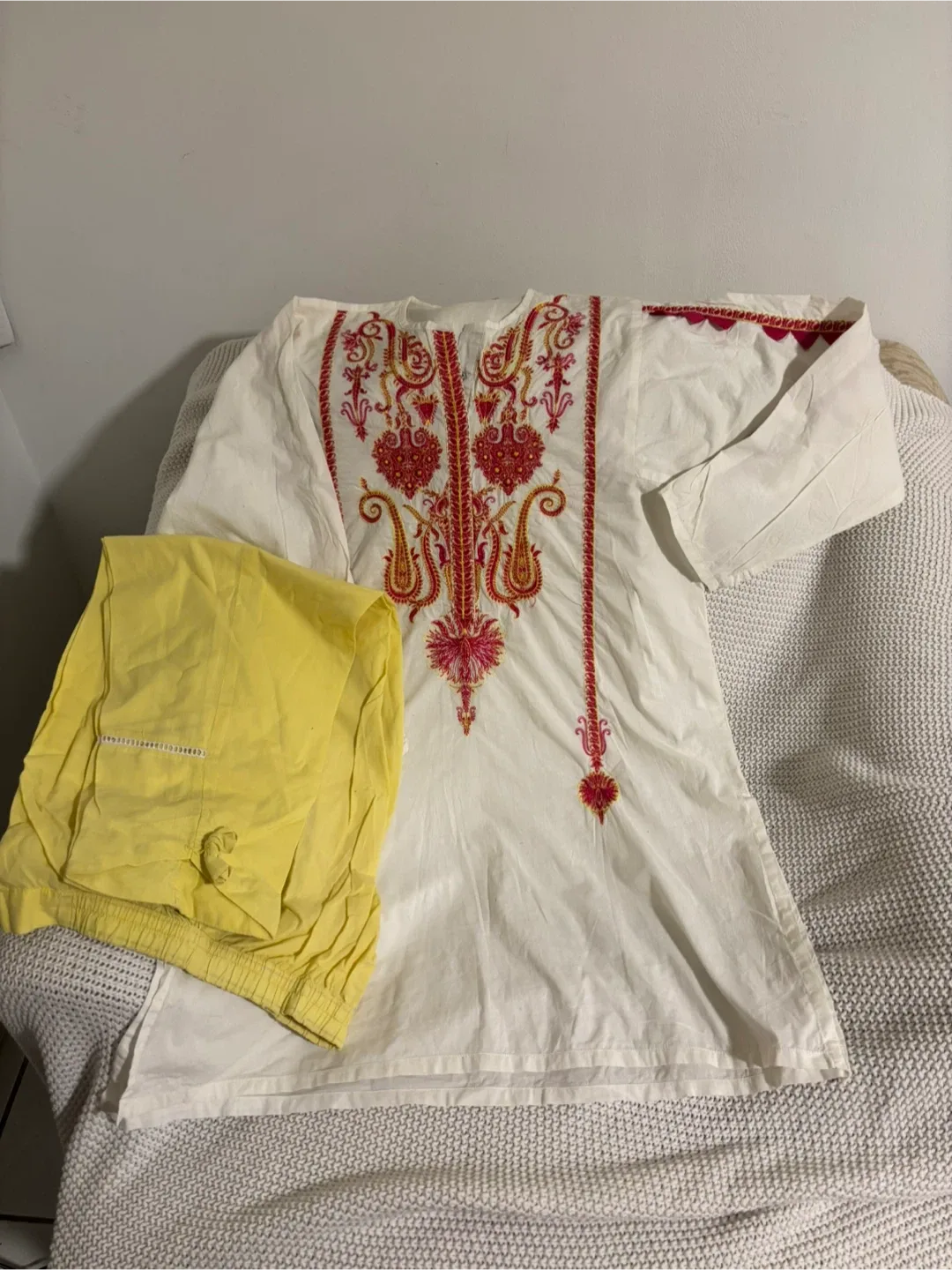 Embroidered Kurti Set - White & Yellow