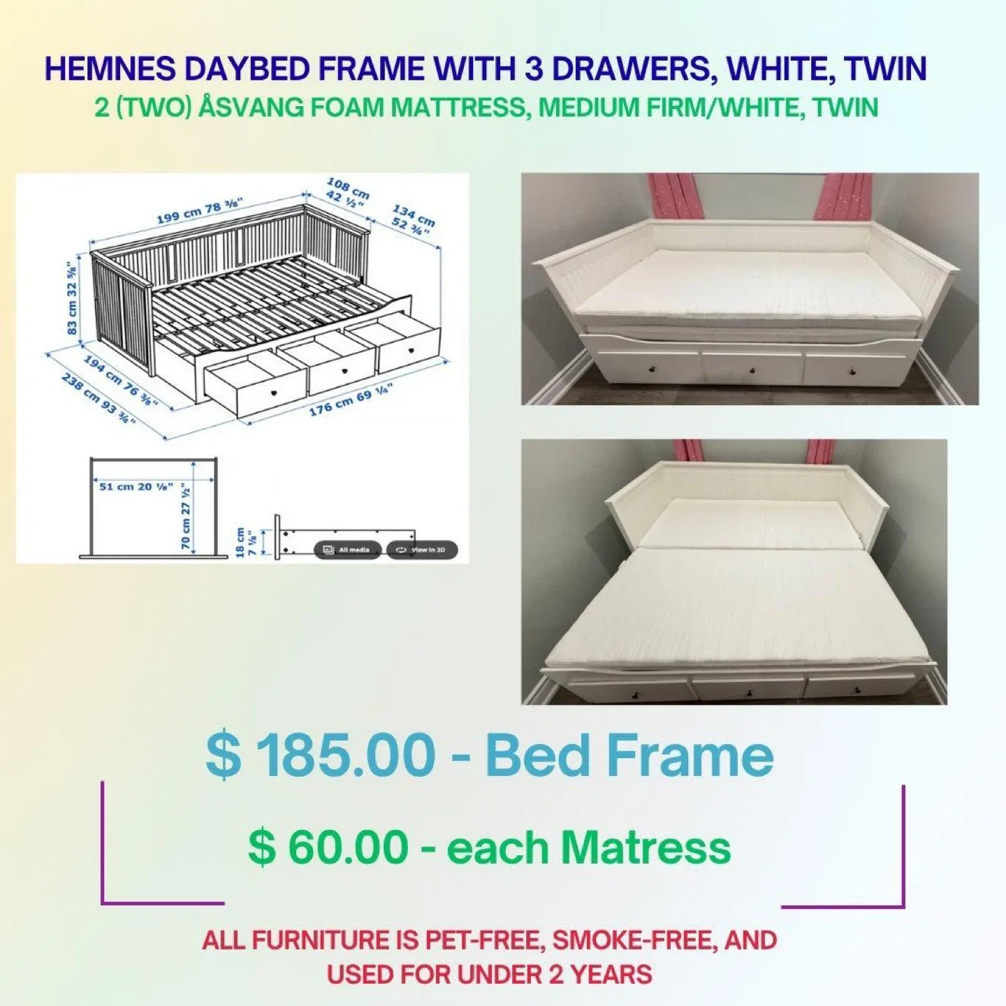 IKEA HEMNES Daybed Frame with 3 Drawers – White, Twin Size