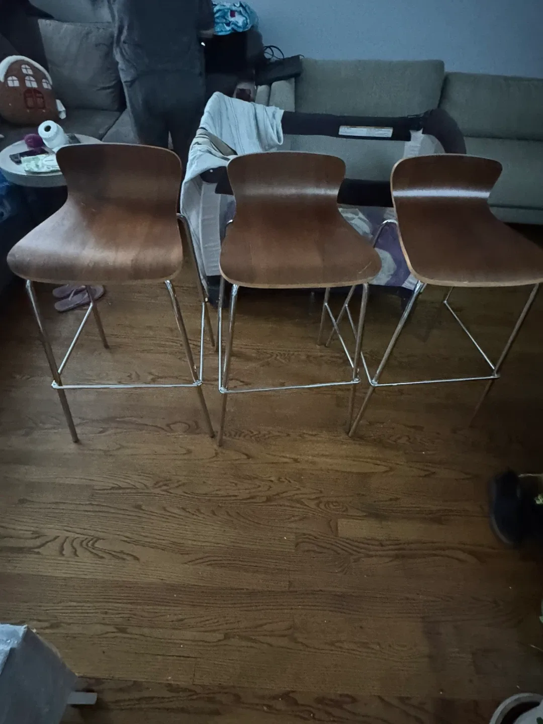 Set of 3 Brown Wood Bar Stools