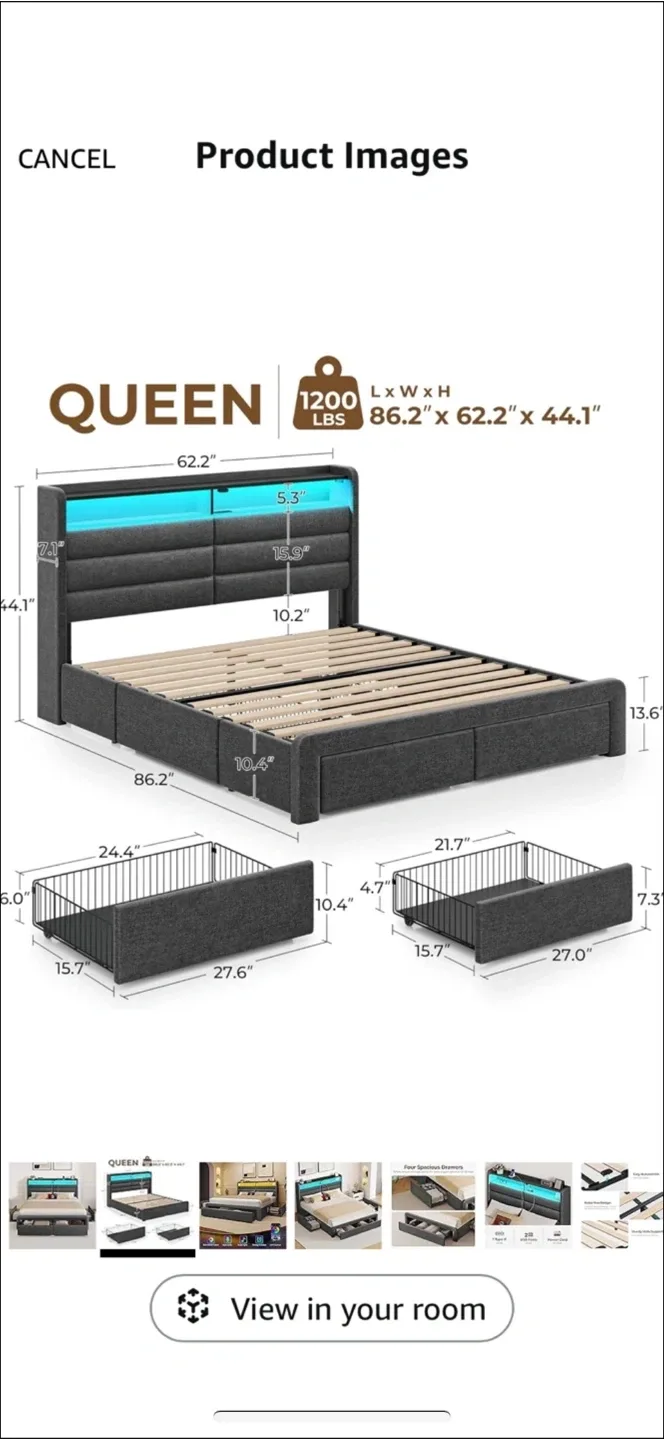 Queen Size Bed Frame with LED Lights
