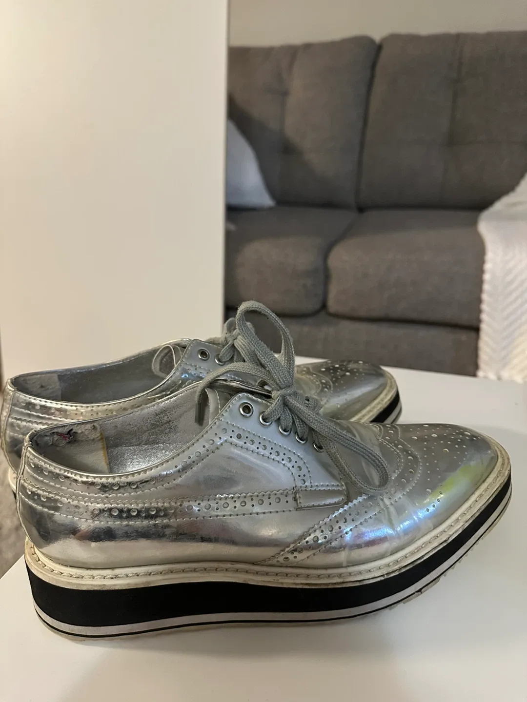 Prada Silver Leather Platform Oxfords