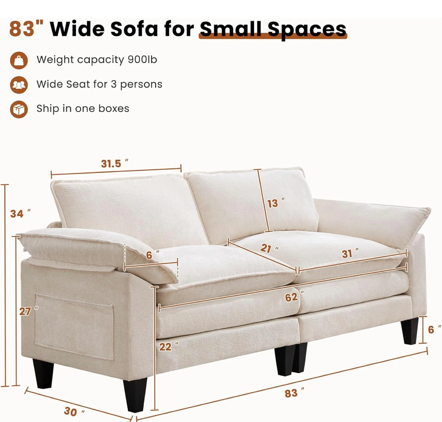 83" Wide Sofa for Small Spaces - Beige - photo 4