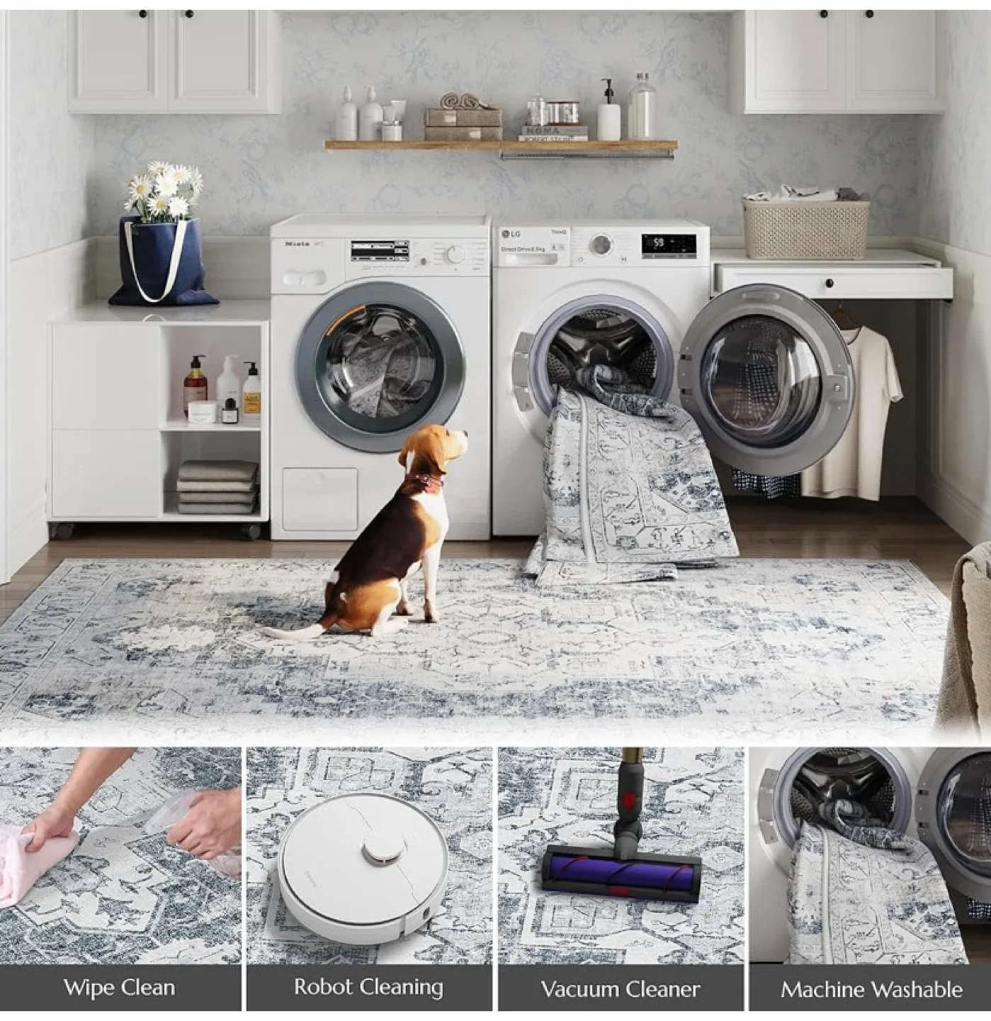 New 2x10 Runner Rug Washable Vintage Grey image indicator(4)