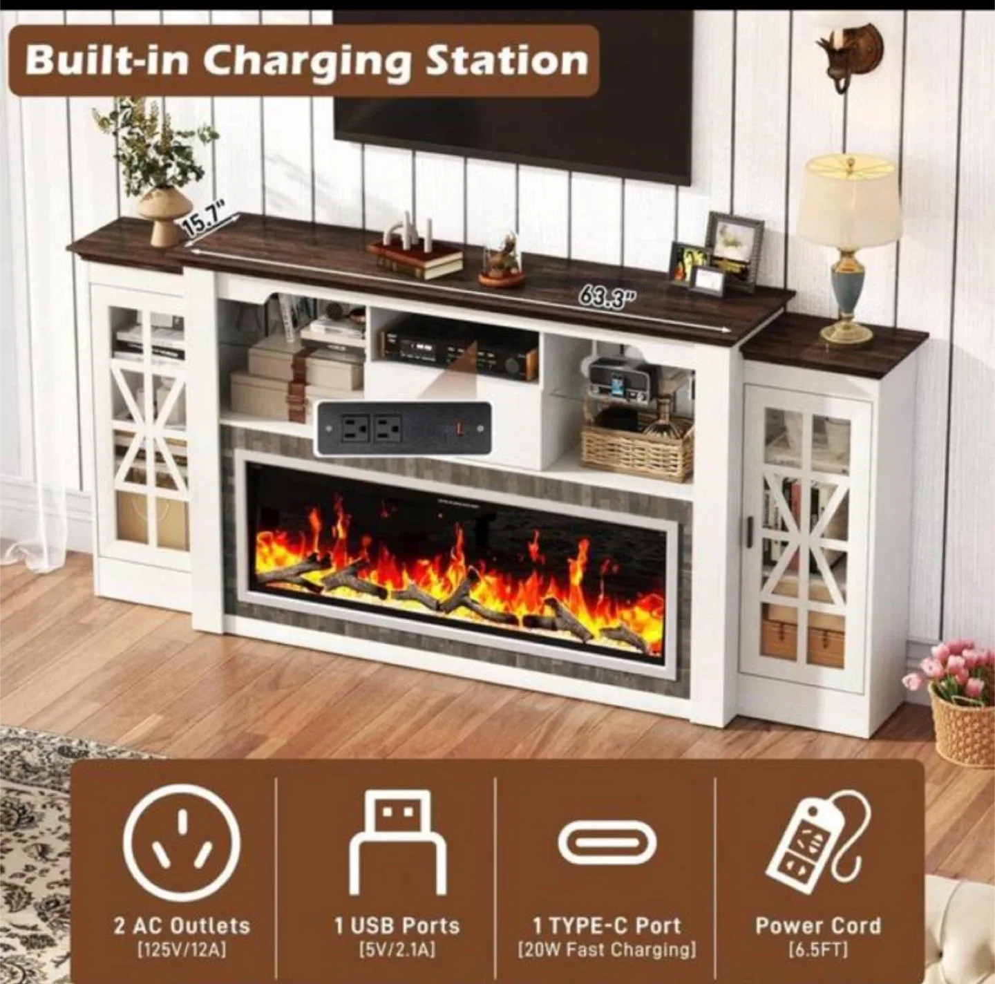 TV Stand with Electric Fireplace, 239 cm Length