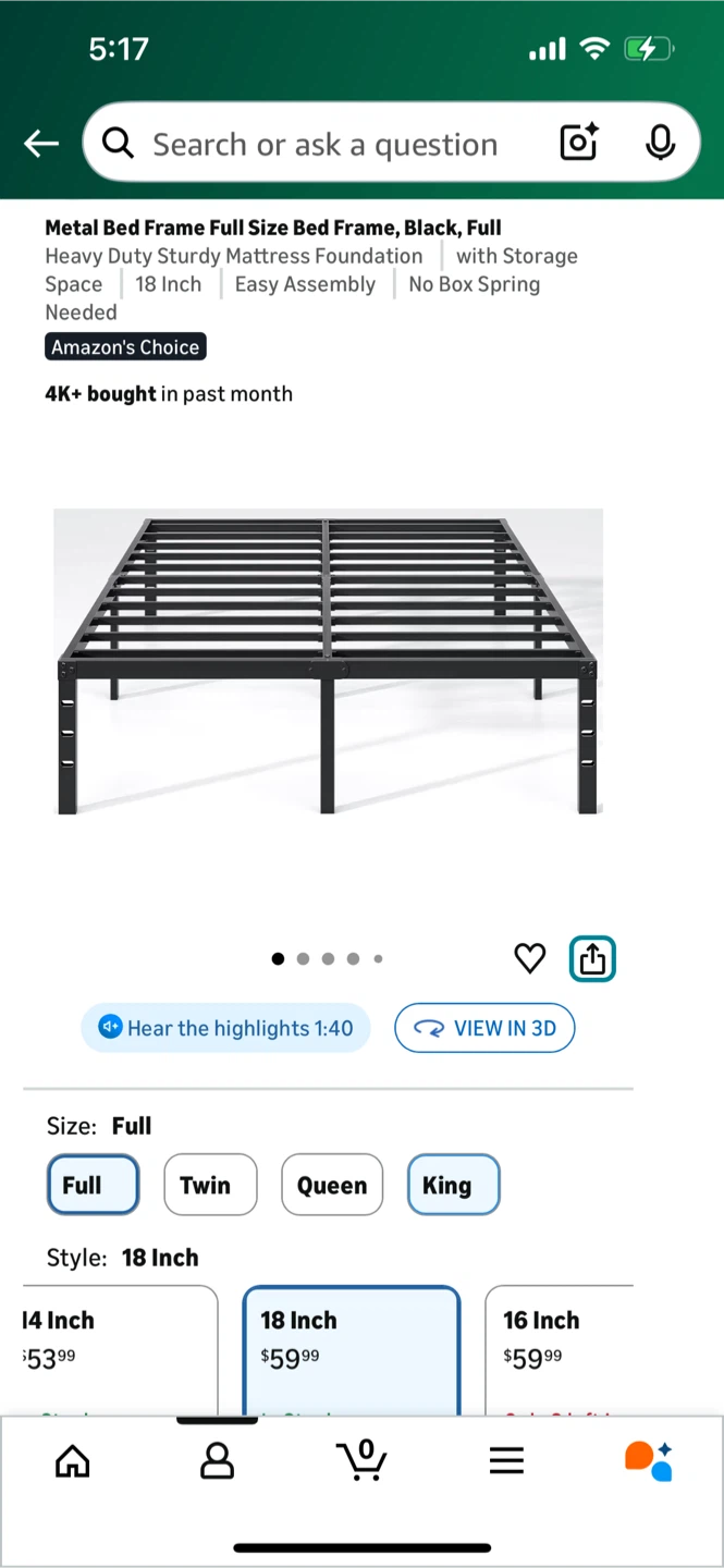 Full Size 18 Inch Metal Bed Frame - Black