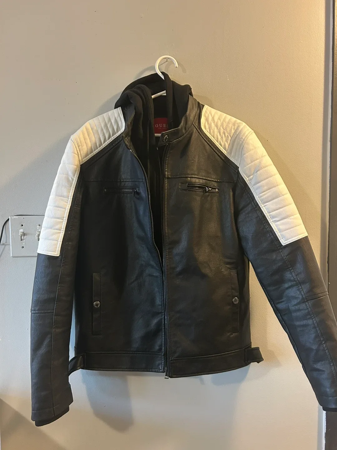 Guess Black & White Faux Leather Jacket - Size L