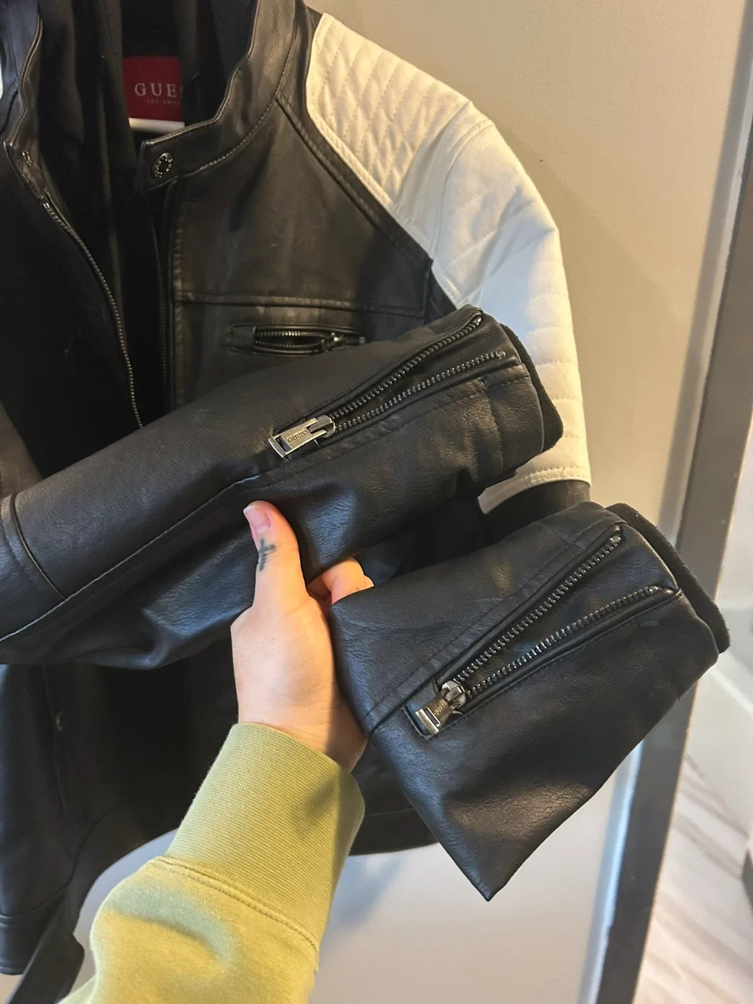 Guess Black & White Faux Leather Jacket - Size L image indicator(2)