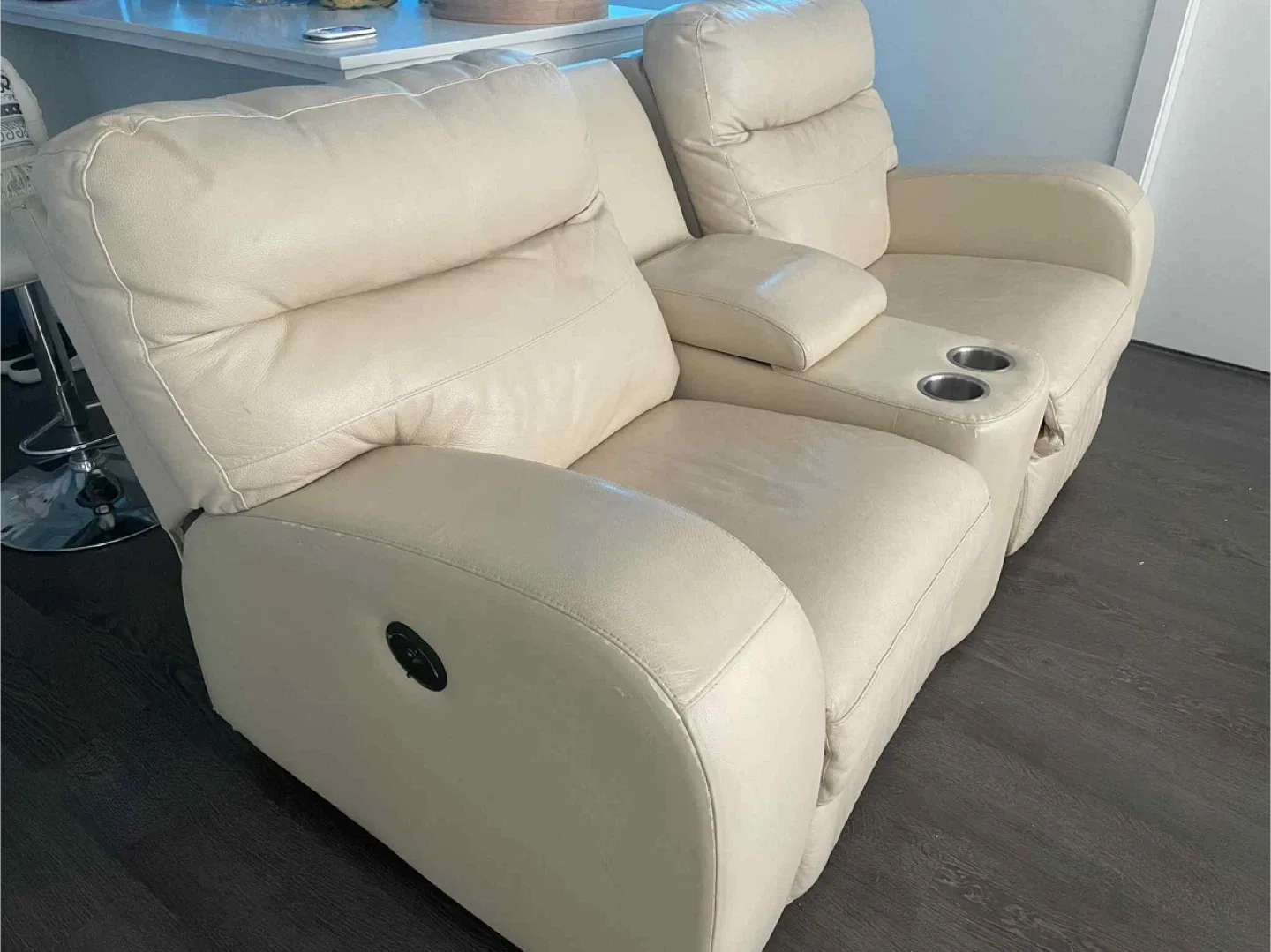 Beige Leather Reclining Loveseat with Console image indicator(2)