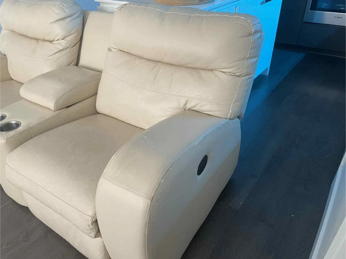 Beige Leather Reclining Loveseat with Console image indicator(5)