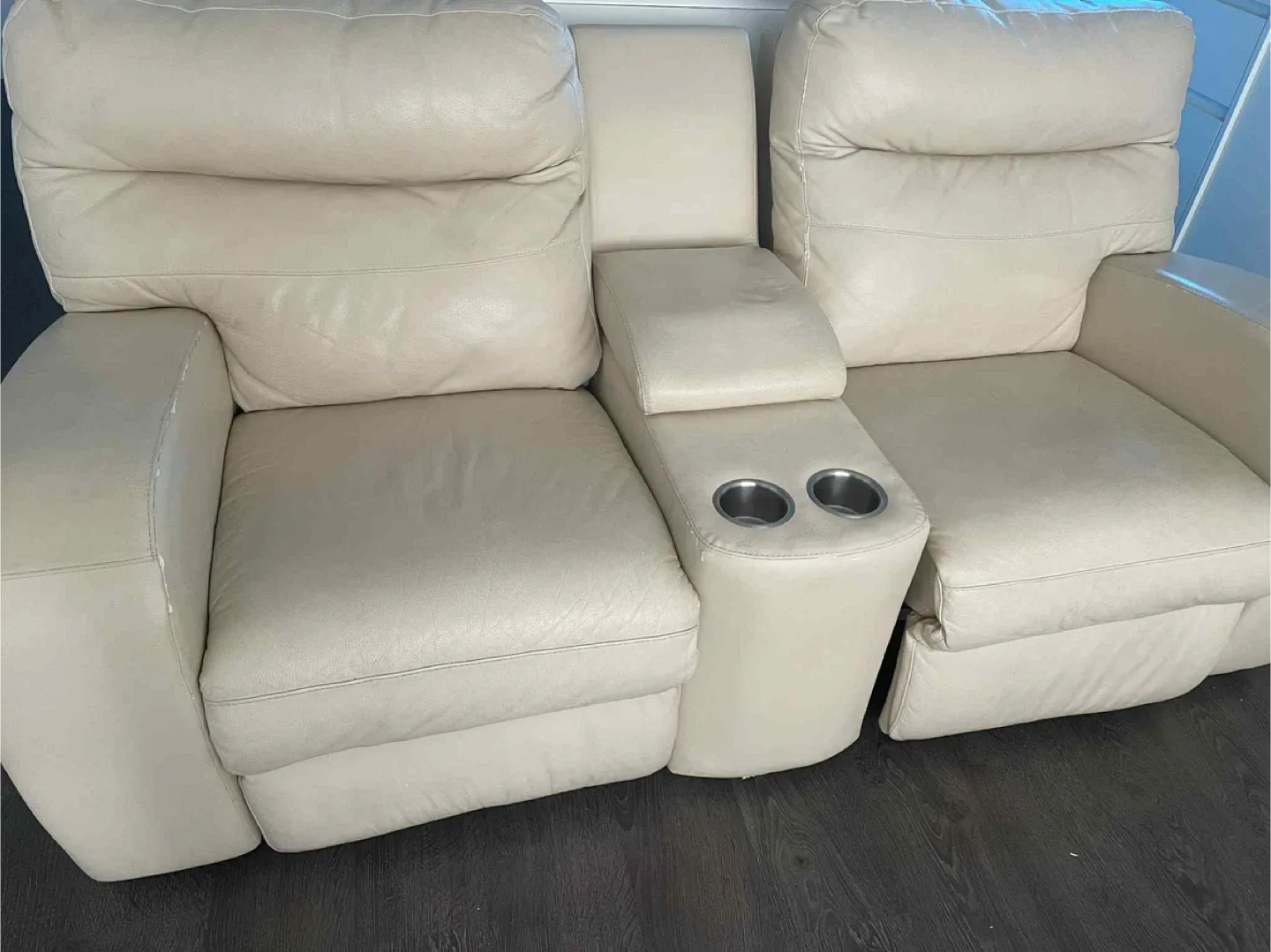 Beige Leather Reclining Loveseat with Console