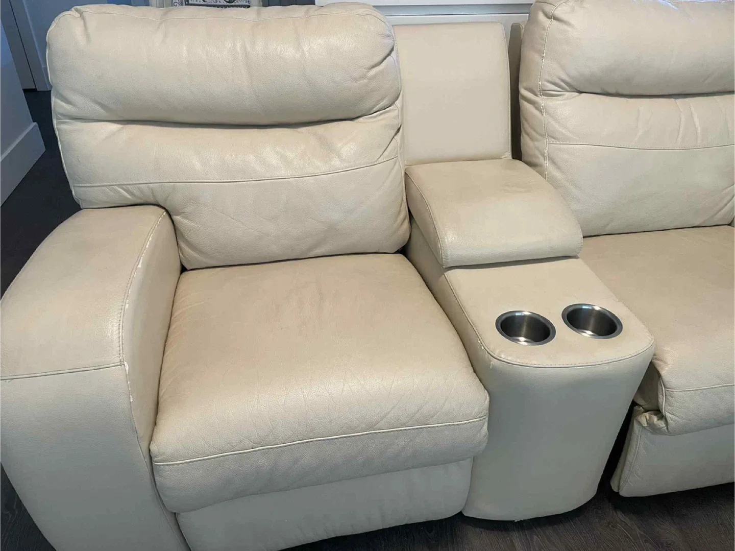 Beige Leather Reclining Loveseat with Console image indicator(3)